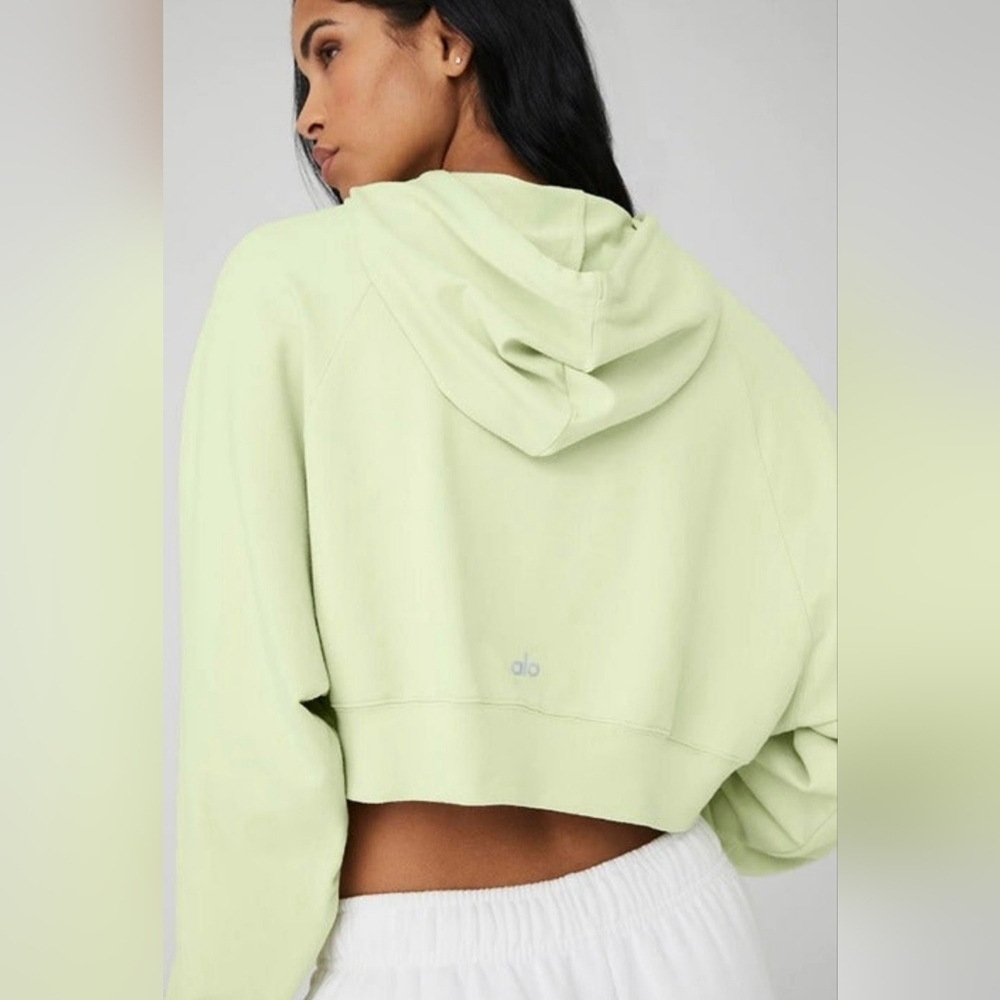 Alo Yoga Cropped Double Take French Terry Hoodie in the color Iced Green Tea - Picture 2 of 7